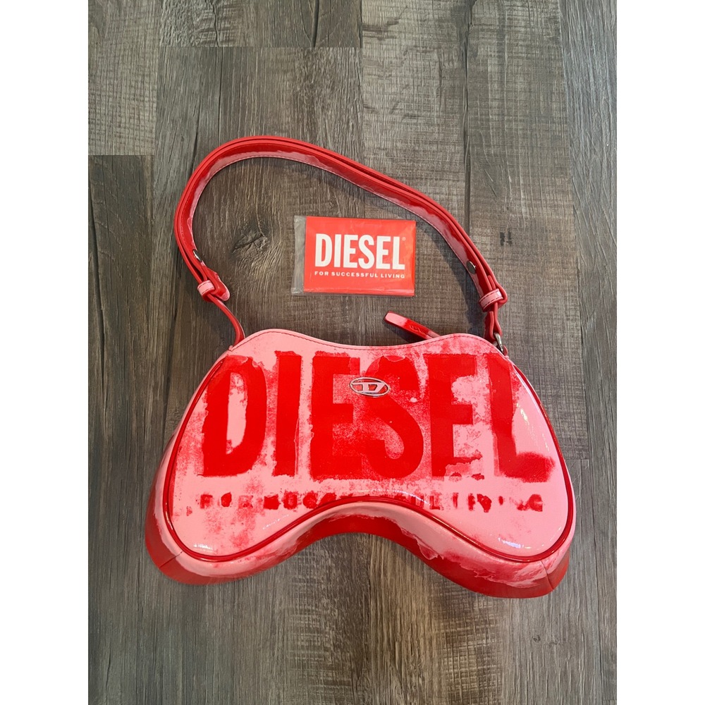 Diesel Play Red Pink Patent Leather Shoulder Bag Y2K Spray Logo Handbag